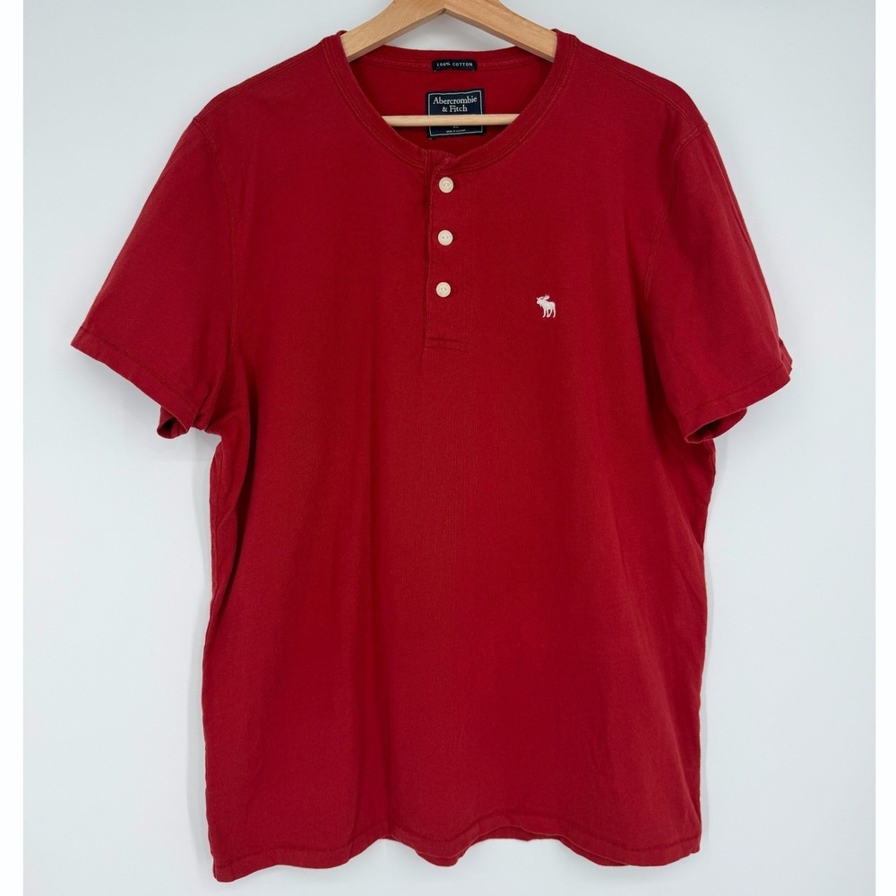 Abercrombie & Fitch Mens Henley Shirt Red XL Y2K Vintage Short Sleeve Moose Logo